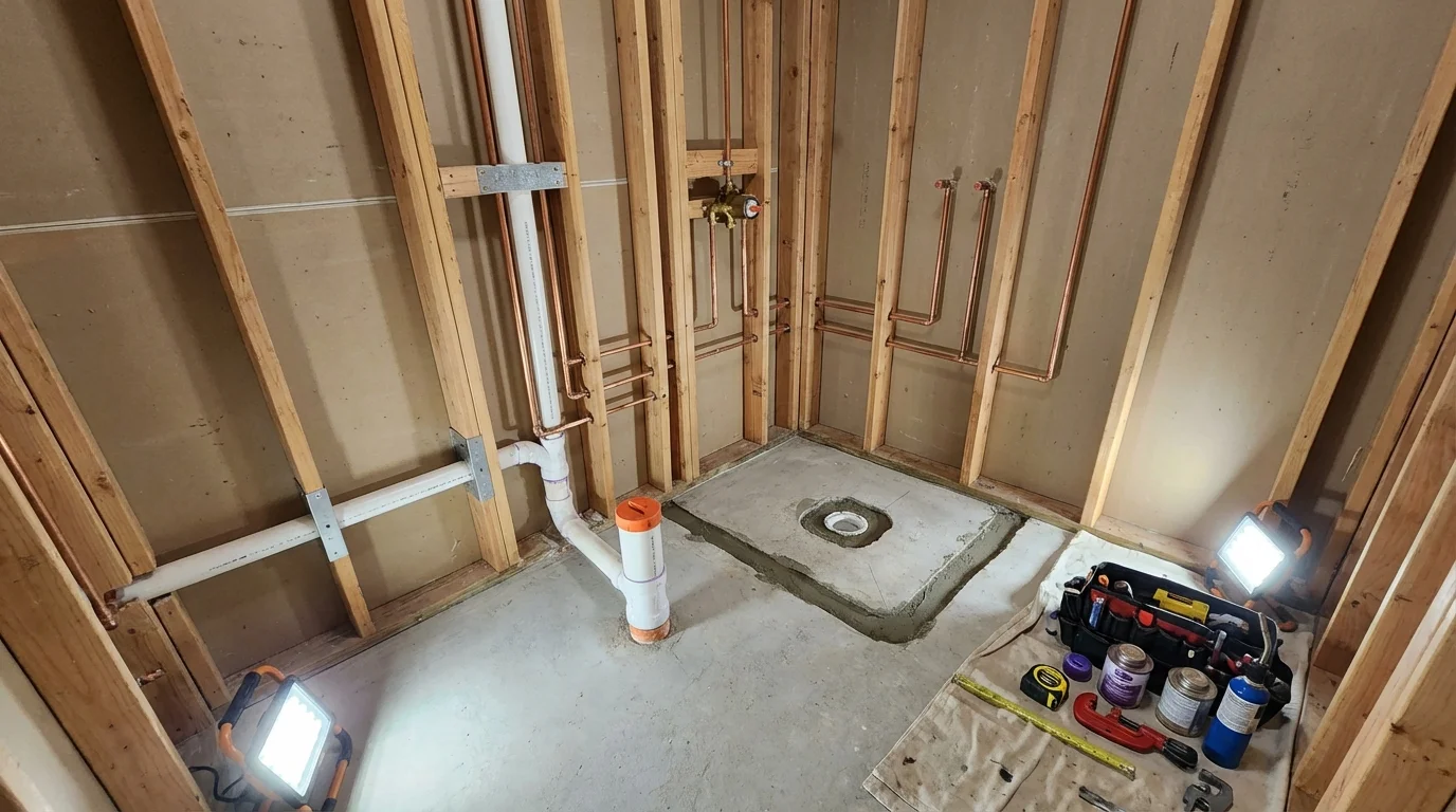 Bathroom rough-in plumbing during remodel by Johns Plumbing LLC in Honey Grove
