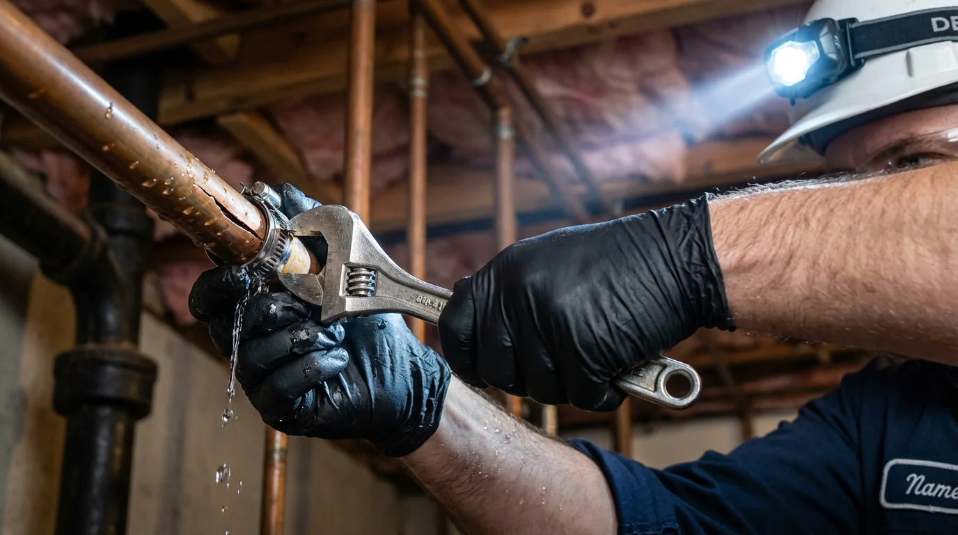 Emergency pipe clamp repair being performed by a Johns Plumbing LLC plumber in Honey Grove