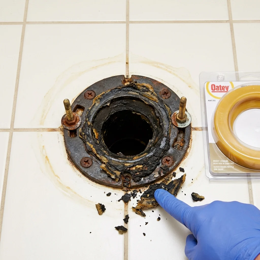 Failed wax ring showing water seepage at the base of a toilet in a Honey Grove, TX home