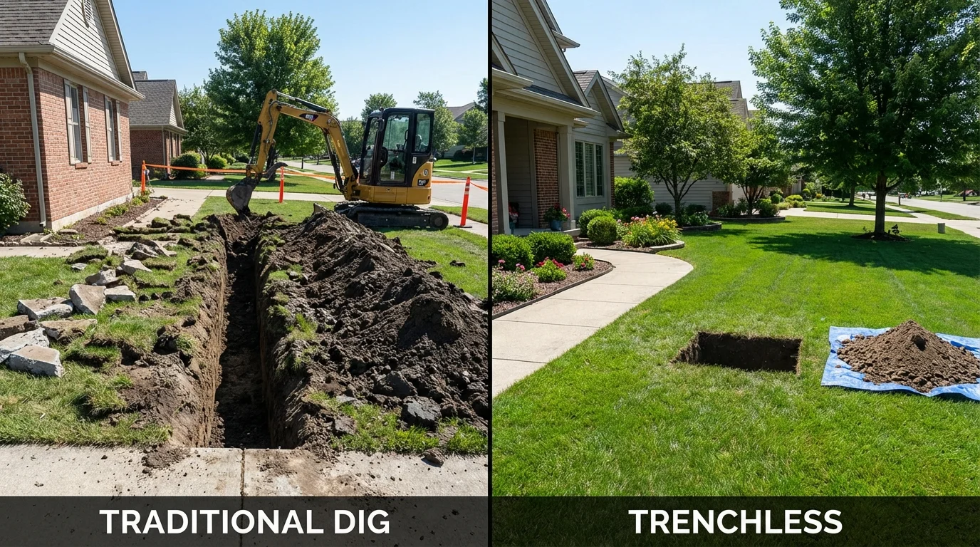 Trenchless sewer repair with minimal yard damage versus traditional excavation in Honey Grove, TX