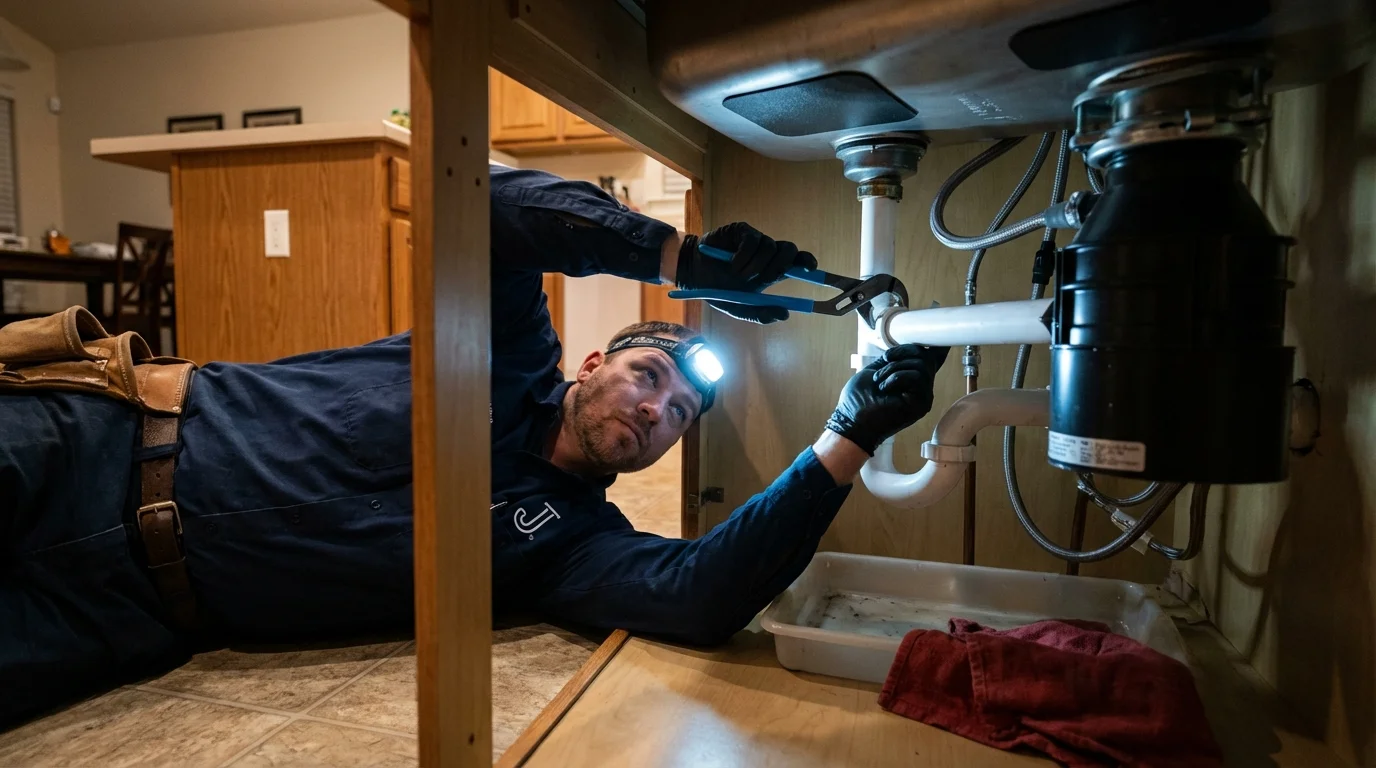 P-trap and supply line connections under a kitchen sink showing a common leak point in Honey Grove, TX